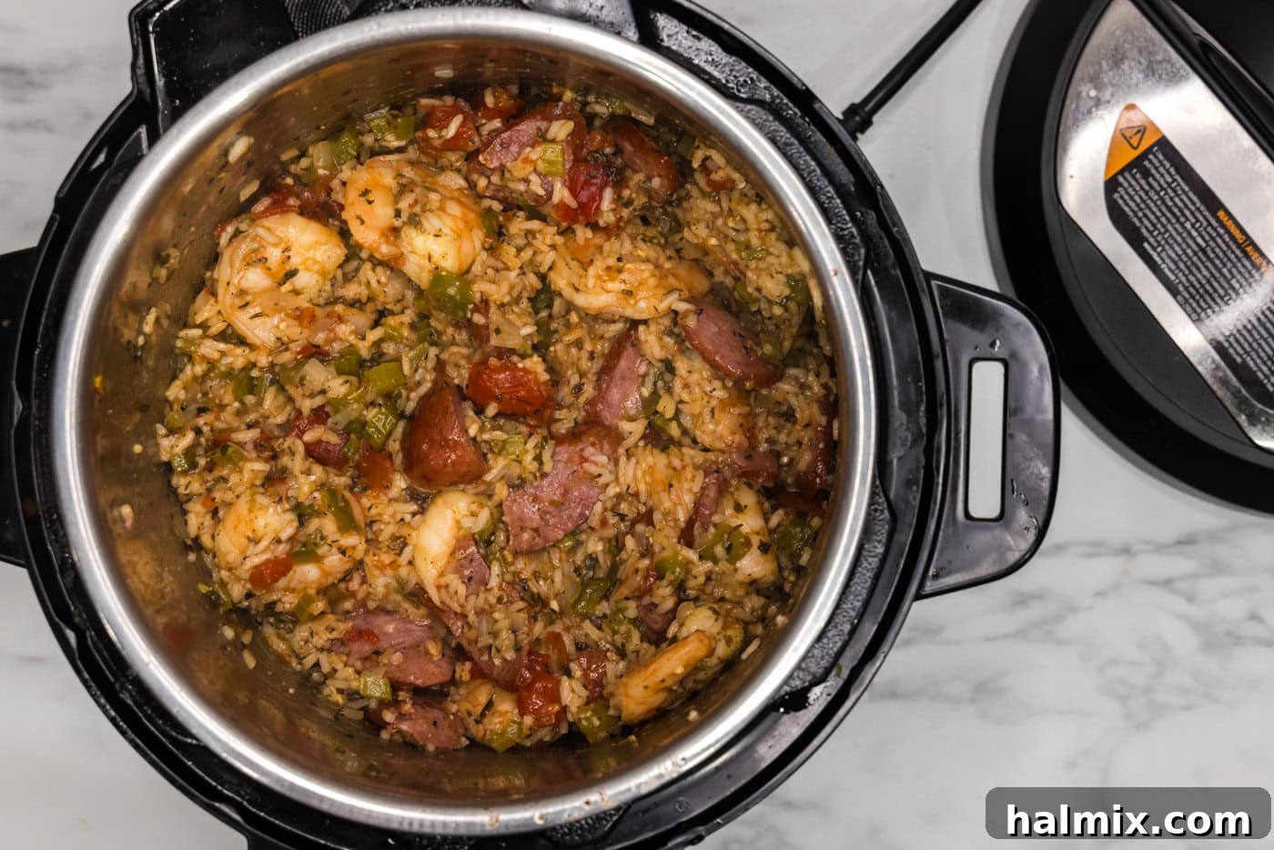 overhead of cooked jambalaya in an instant pot