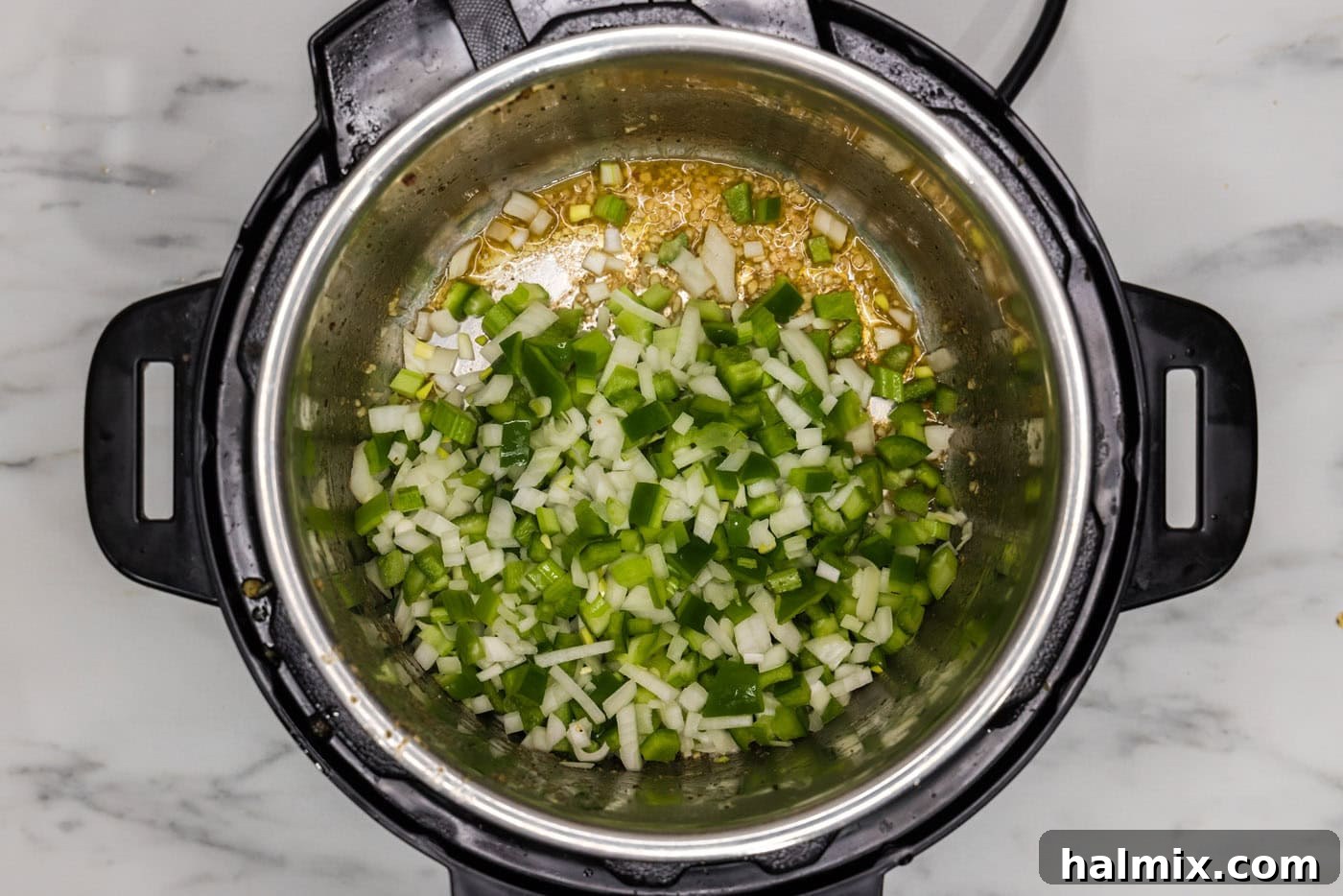 celery, bell peppers, and onion sauteed in an instant pot