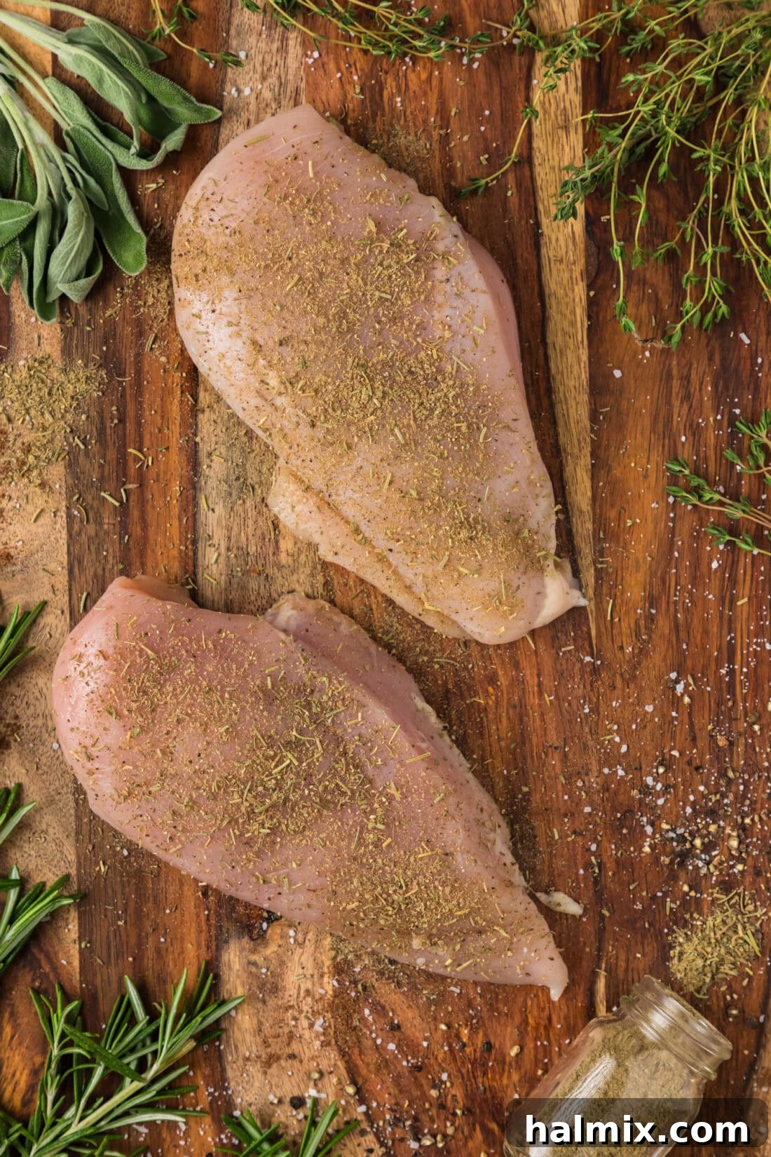 Savory Poultry Rub 3 Raw chicken breasts coated in Poultry Seasoning