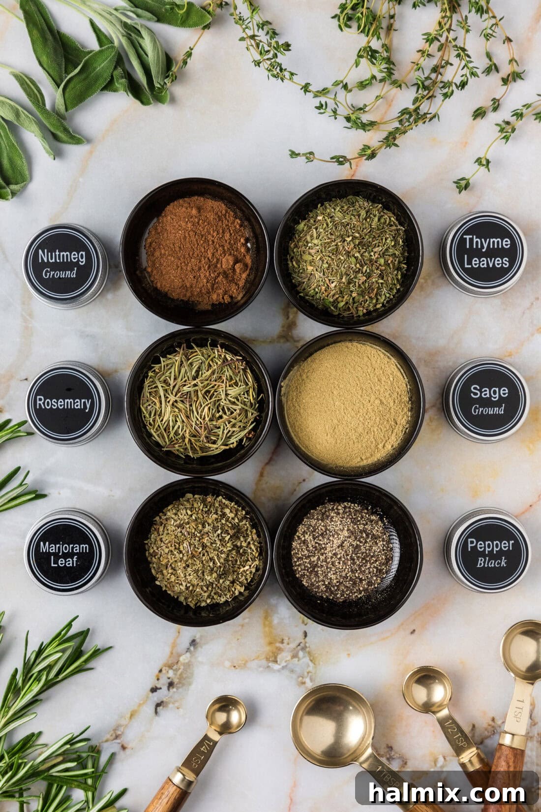 Savory Poultry Rub 6 Bowls of Poultry Seasoning ingredients with the spice jar labels next to them