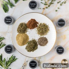 Plate of Poultry Seasoning ingredients with the spice jar lids to the side