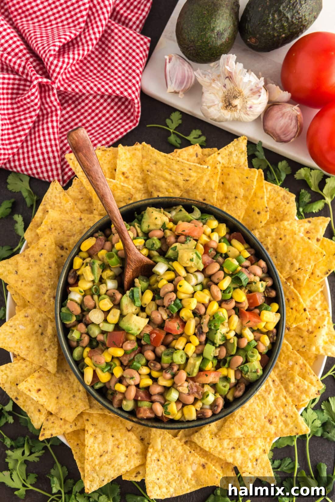 Prairie Jewel Dip 3 A large bowl of fresh Cowboy Caviar, ready to serve, with a serving spoon resting in the colorful dip, highlighting the mix of vegetables and beans.
