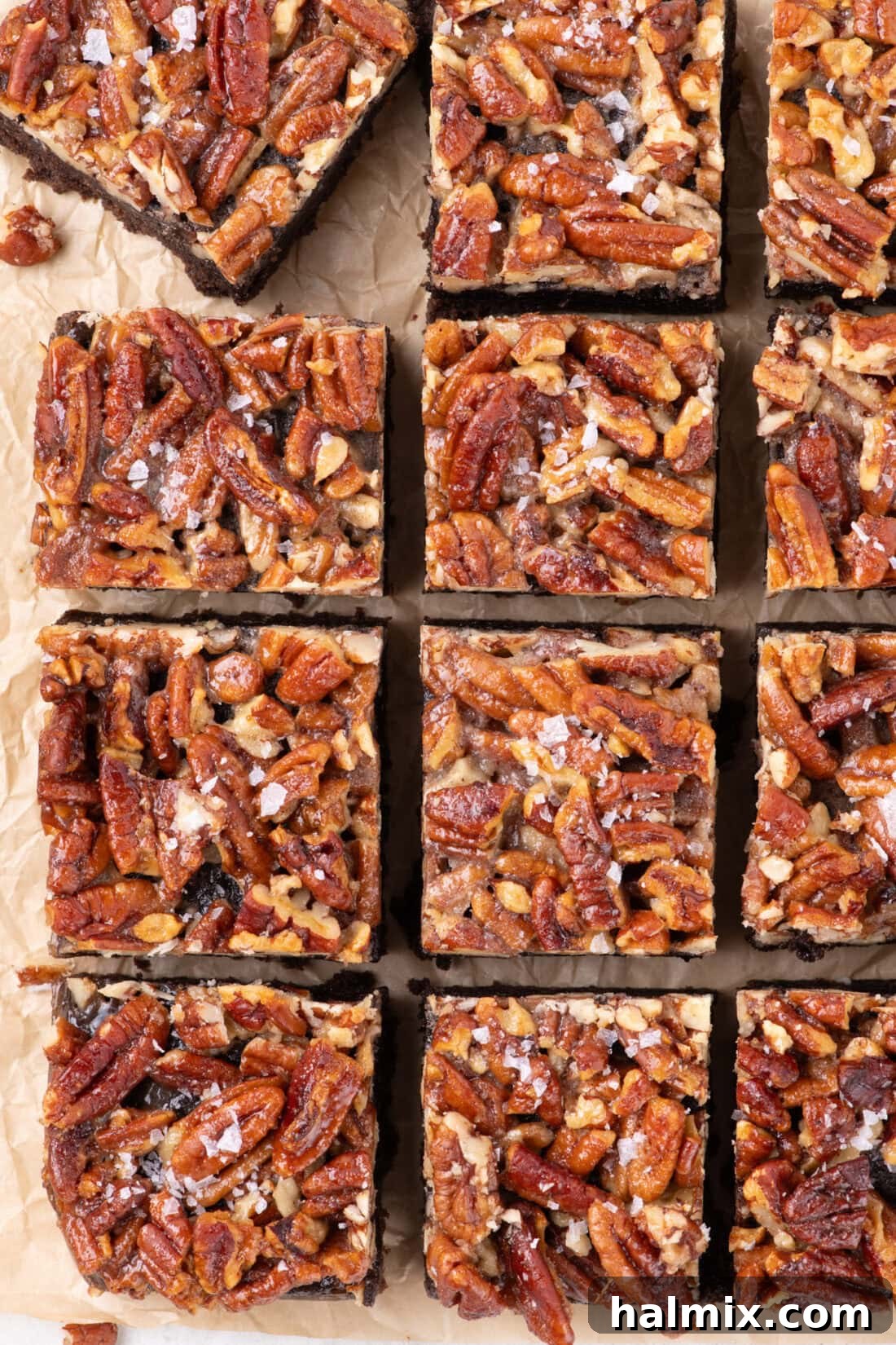 Overhead photo of Pecan Pie Brownies cut into squares 