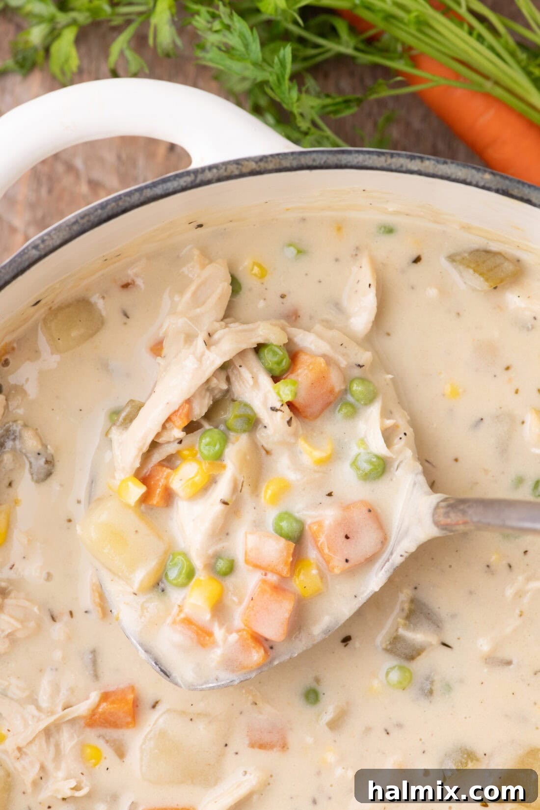 A large ladle filled with creamy chicken pot pie soup, held above the pot, highlighting the rich texture and ingredients.