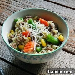 A photo of ramen noodle and beef skillet in a blue and white bowl.