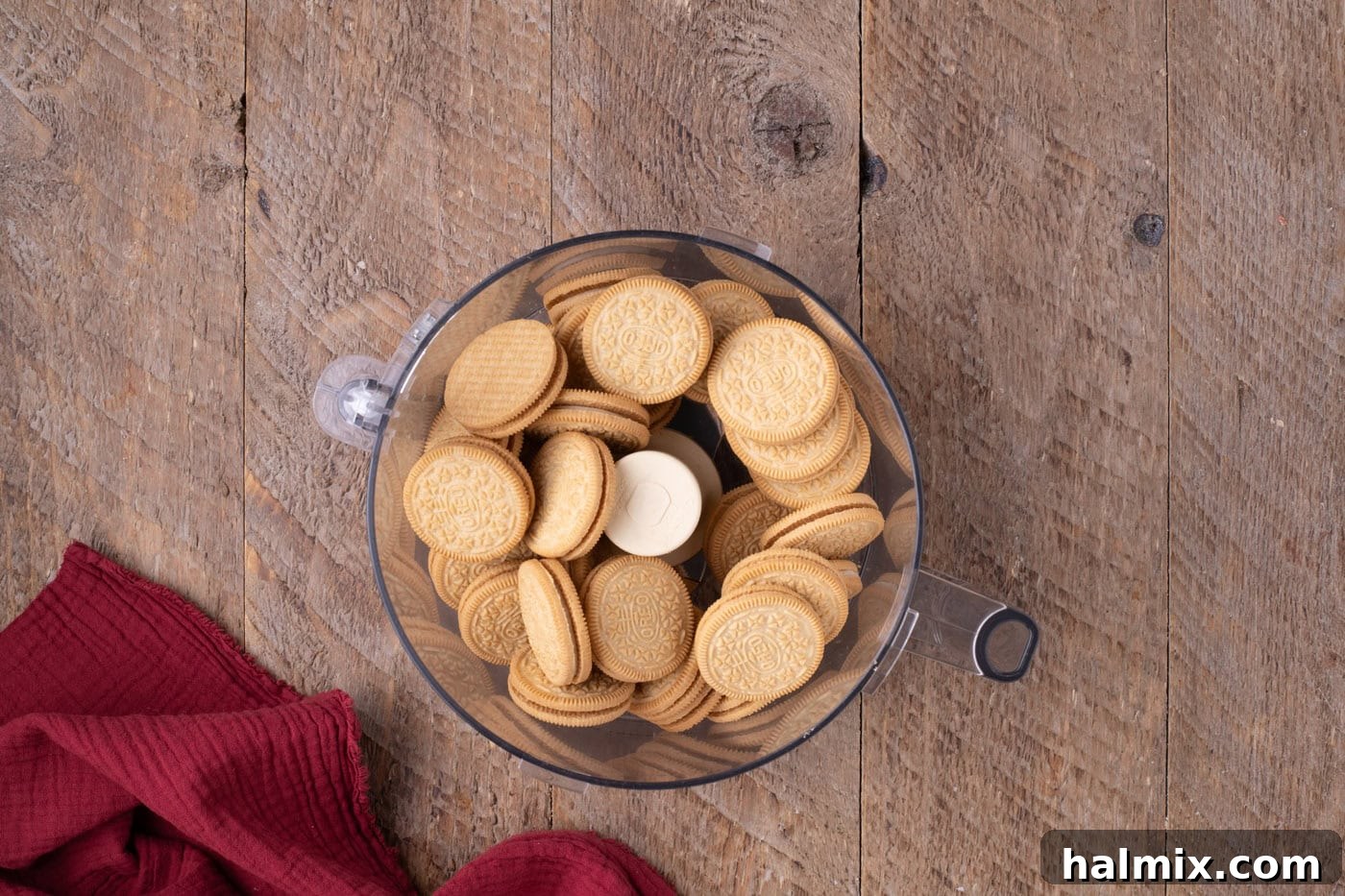 golden Oreos in a food processor