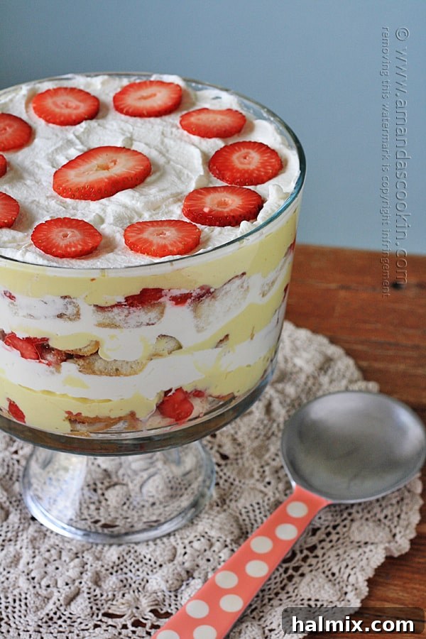 Close up of a traditional English trifle, showing layers of cake, fruit, custard, and whipped cream