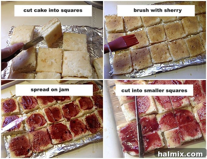 Photos showing how to cut, brush with sherry, and add jam to the cake for the trifle