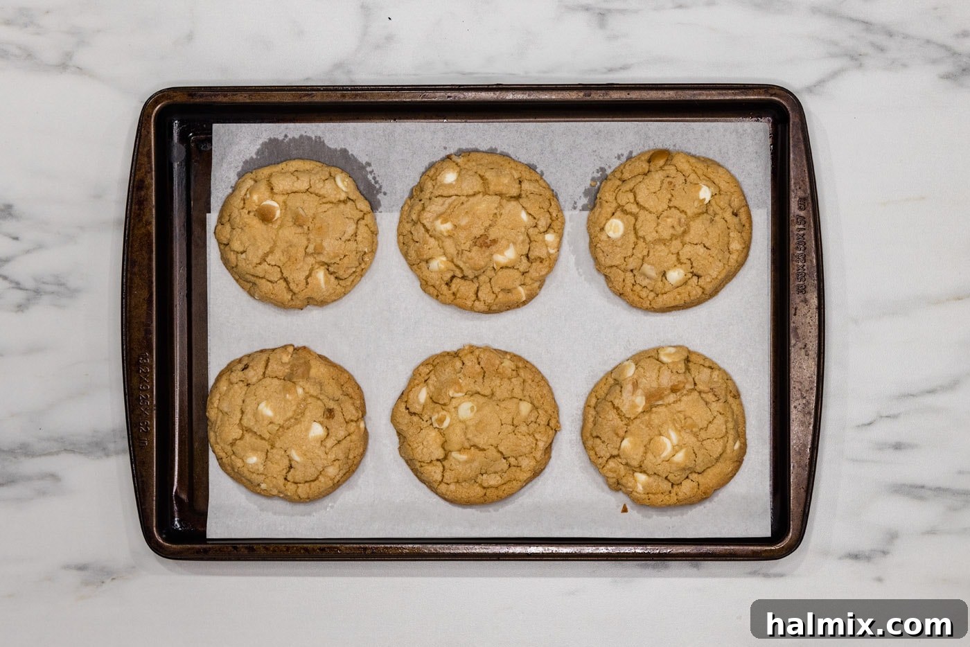 Freshly baked white chocolate macadamia nut cookies cooling on a baking sheet, with golden edges and soft centers.