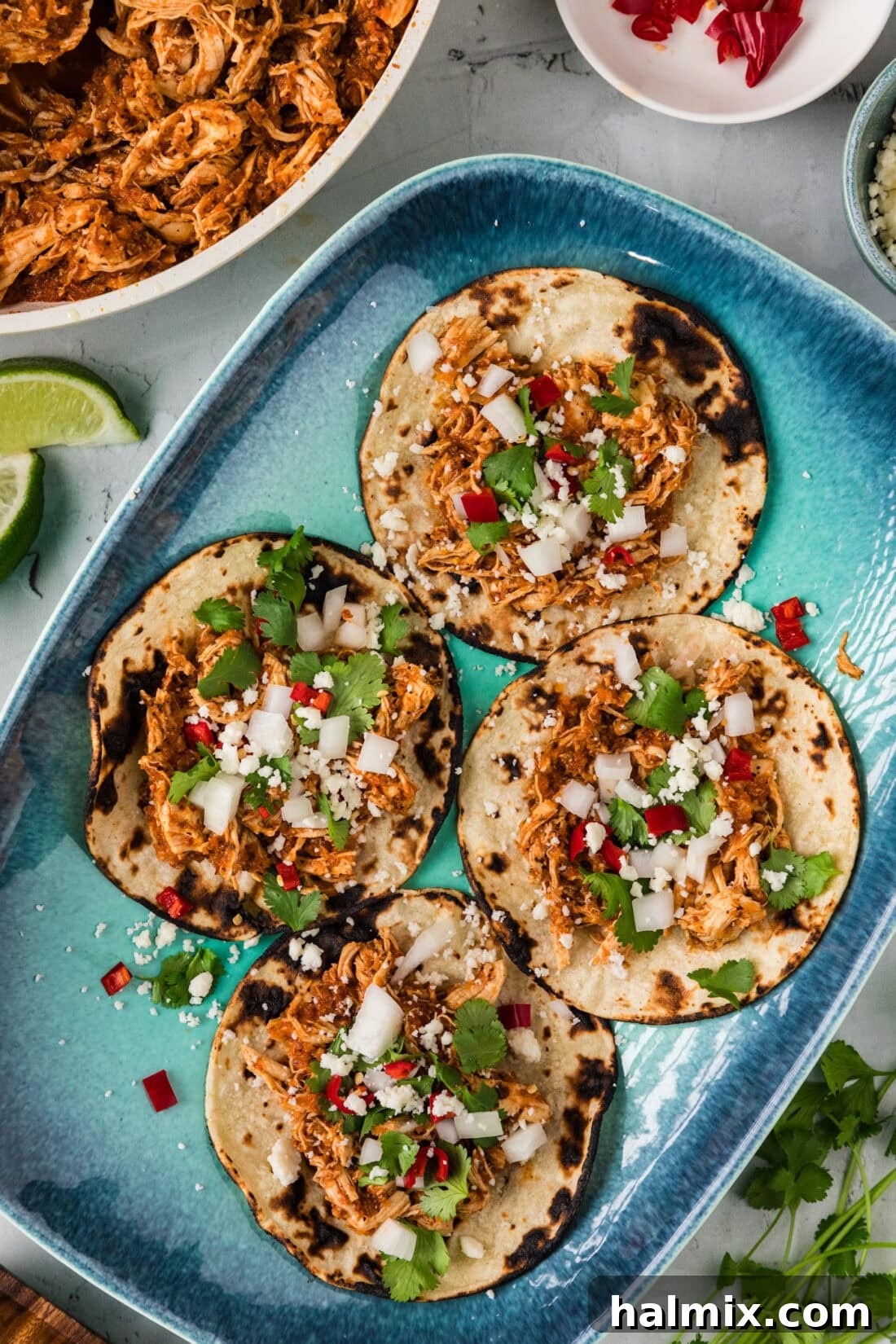 Smoky Chipotle Chicken Tinga 10 Platter of Chicken Tinga on tortillas