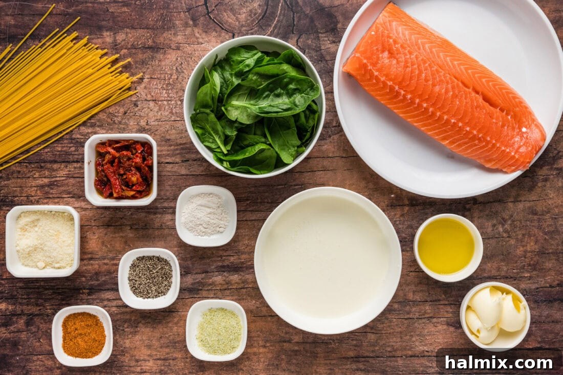 Ingredients for Salmon Pasta laid out on a kitchen counter