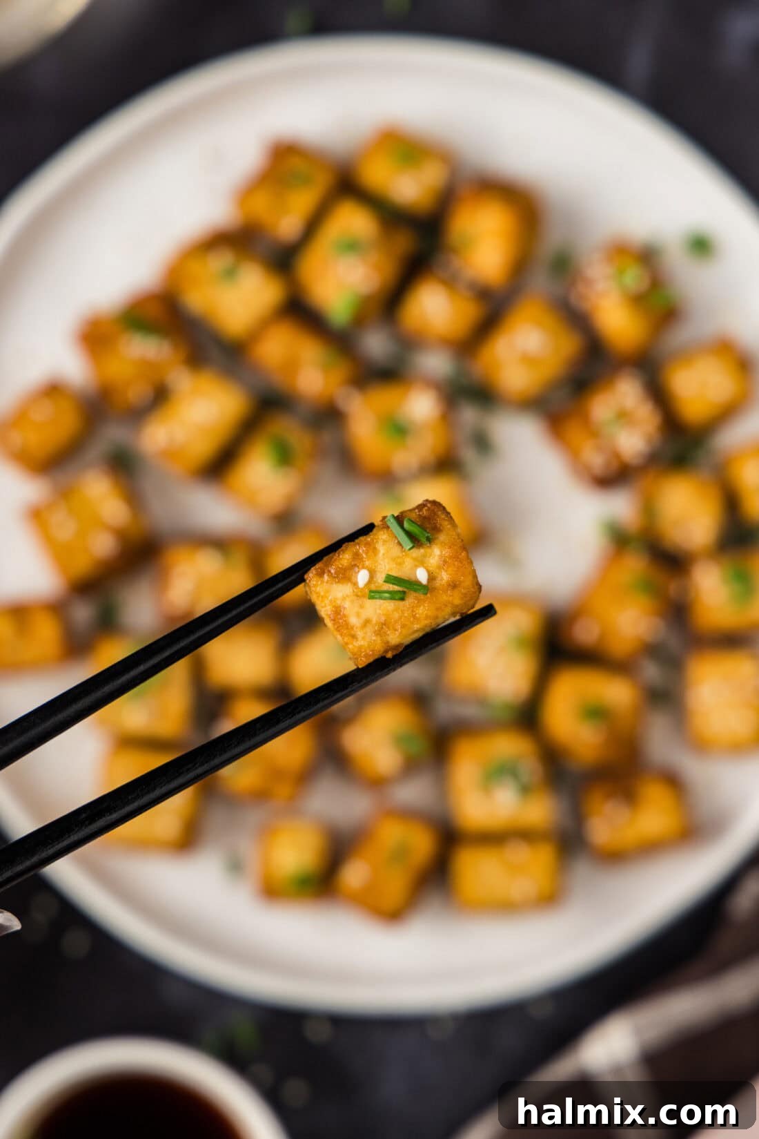 Chopsticks holding up a piece of Fried Tofu