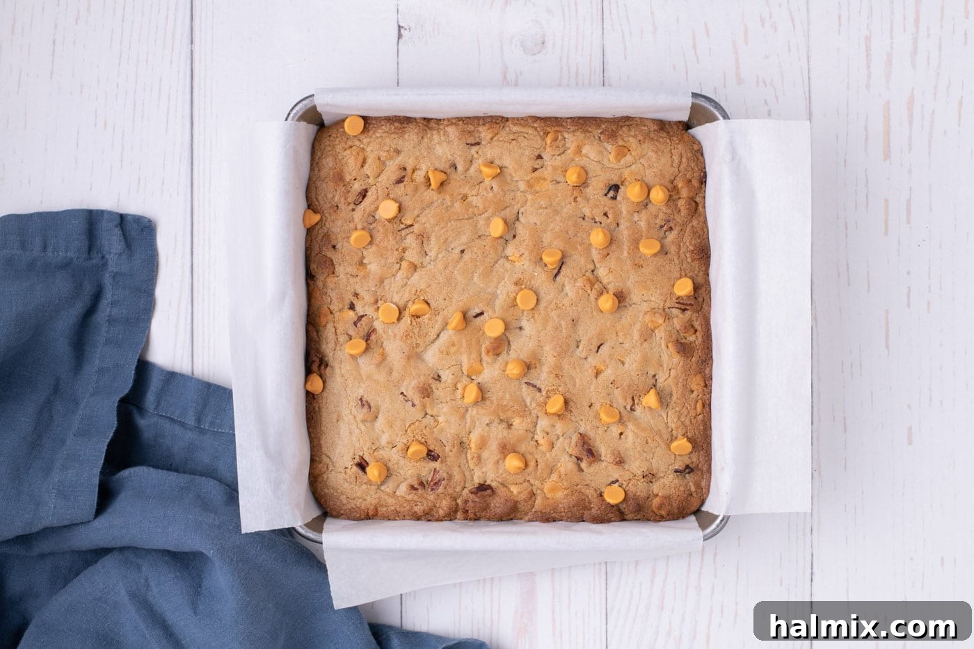 overhead of baked butterscotch brownies in a pan