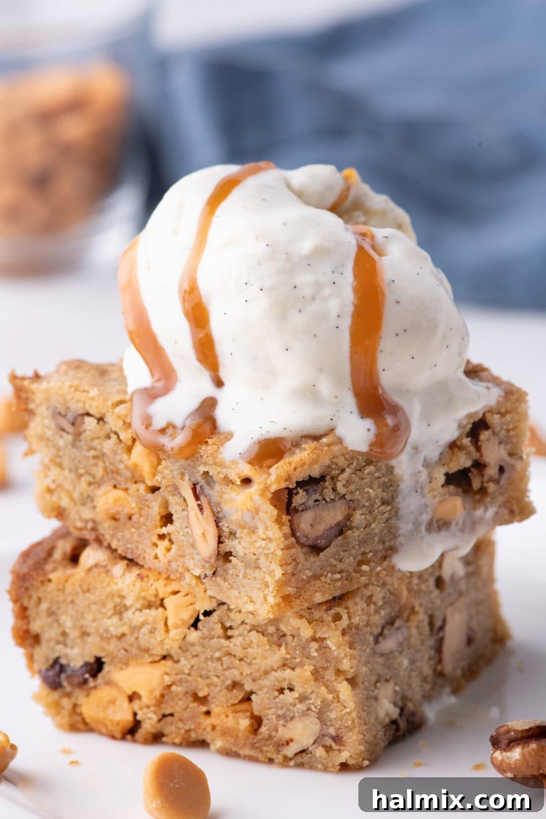 Stack of Butterscotch Brownies with a scoop of ice cream on top