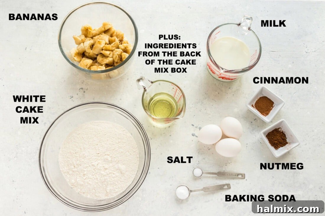 Simply Delicious Banana Cake 2 A neatly arranged display of all the labeled ingredients required for making the easy banana cake recipe.