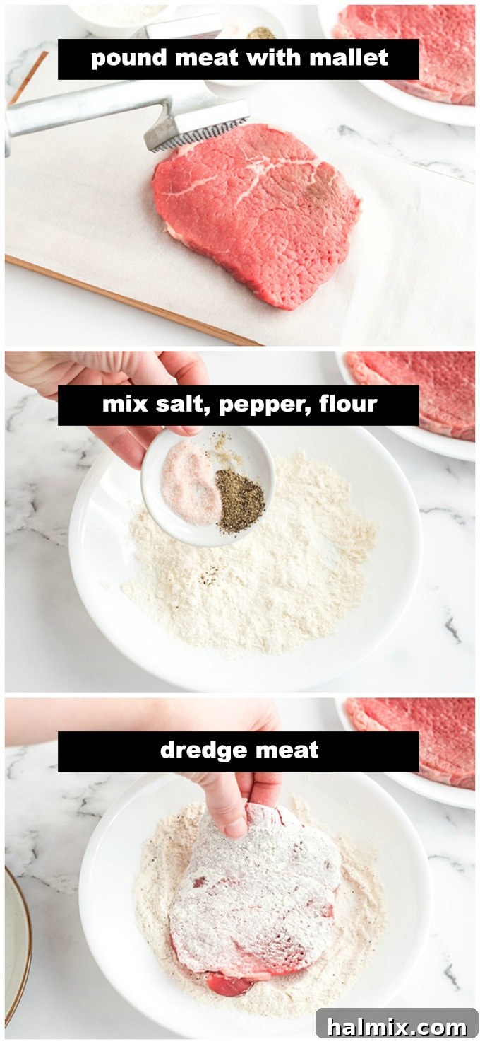 Beef round steak being dredged in a seasoned flour mixture before cooking