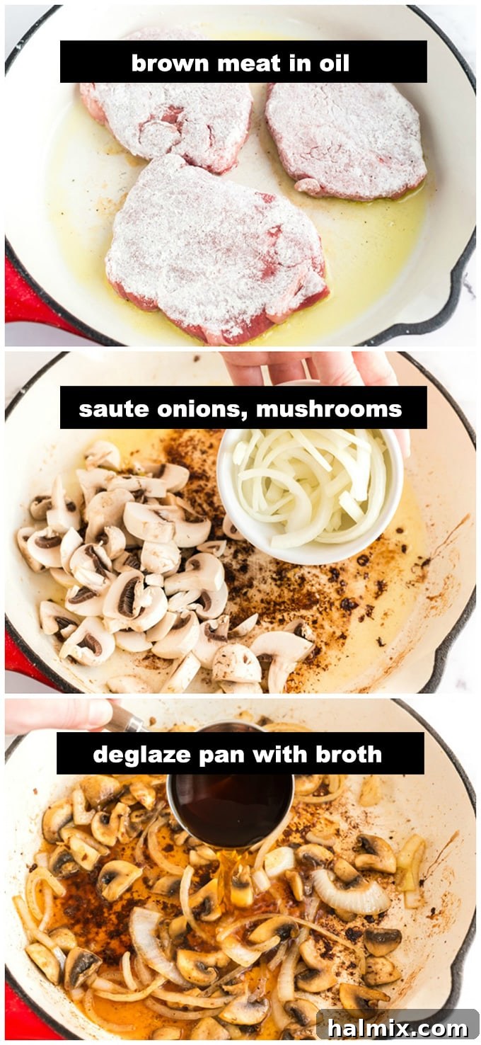 Onions and mushrooms being sautéed in a hot skillet until tender and lightly browned