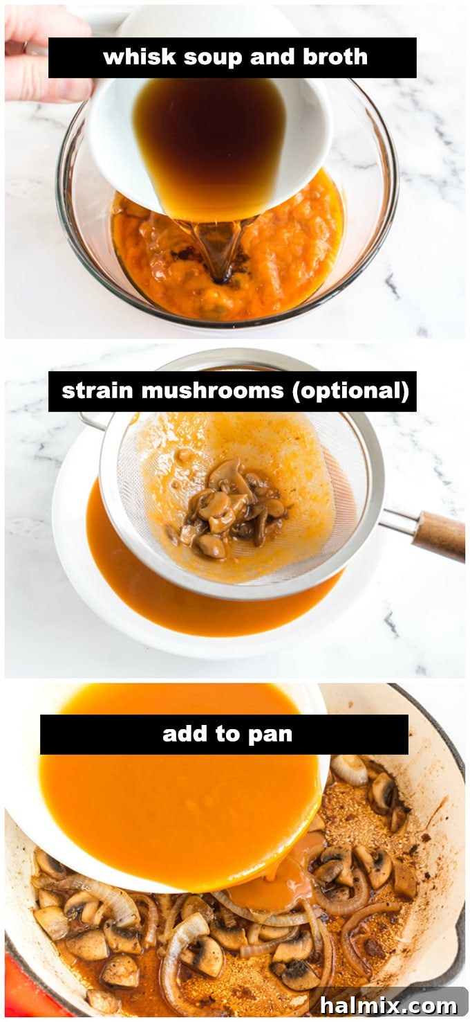 Beef broth and golden mushroom soup being whisked together in a bowl for a smooth gravy