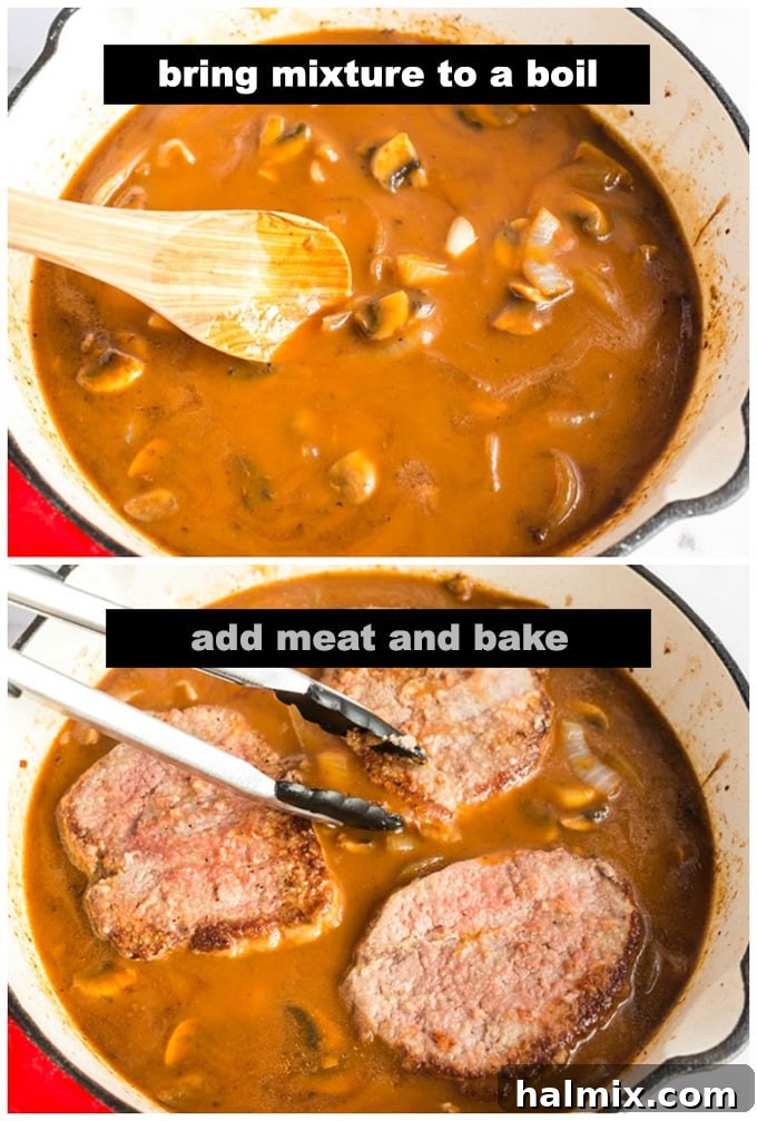 Placing browned beef steaks back into the skillet, nestled in the creamy mushroom gravy