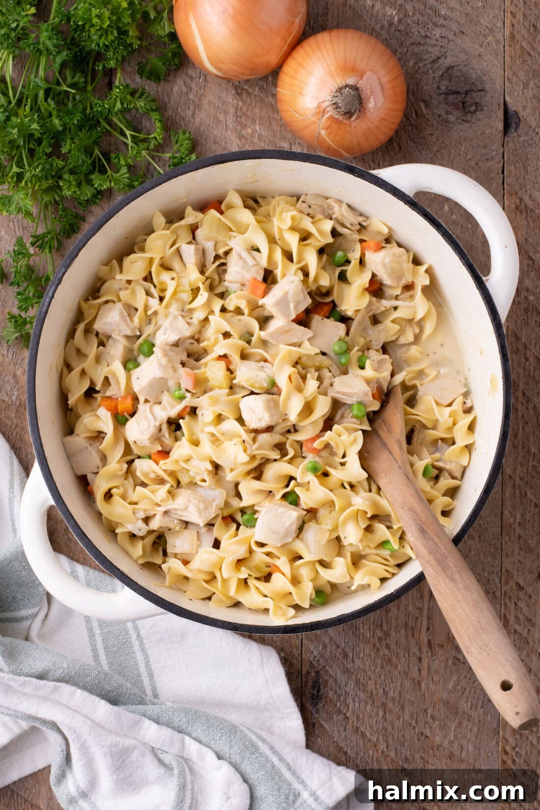 Creamy Chicken Pot Pie Pasta 3 A large pot brimming with rich, creamy Chicken Pot Pie Pasta, ready to serve.