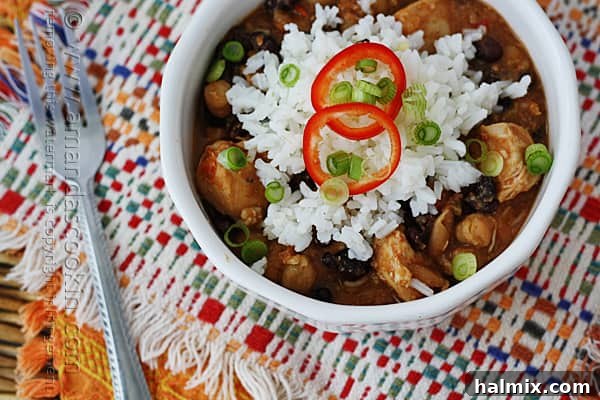A close up overhead of a white bowl filled with three bean salsa chicken and rice, garnished with fresh cilantro.
