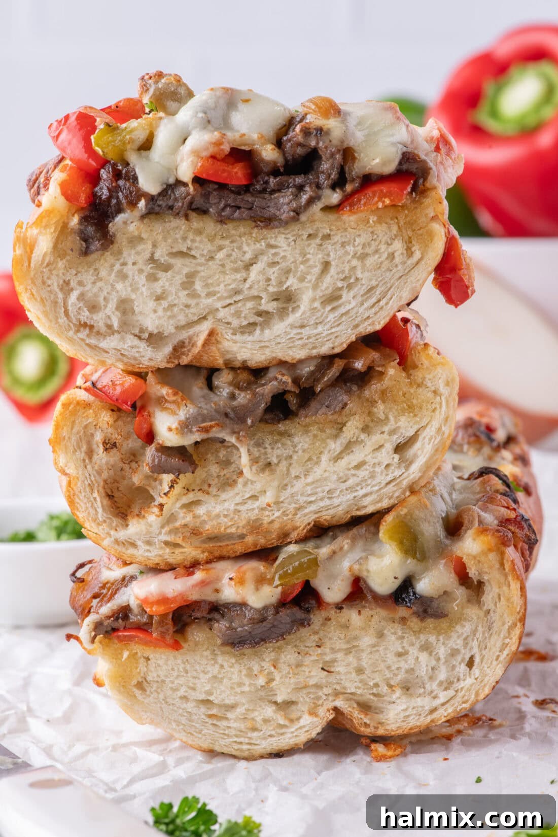 Stack of Philly Cheesesteak Cheesy Bread slices