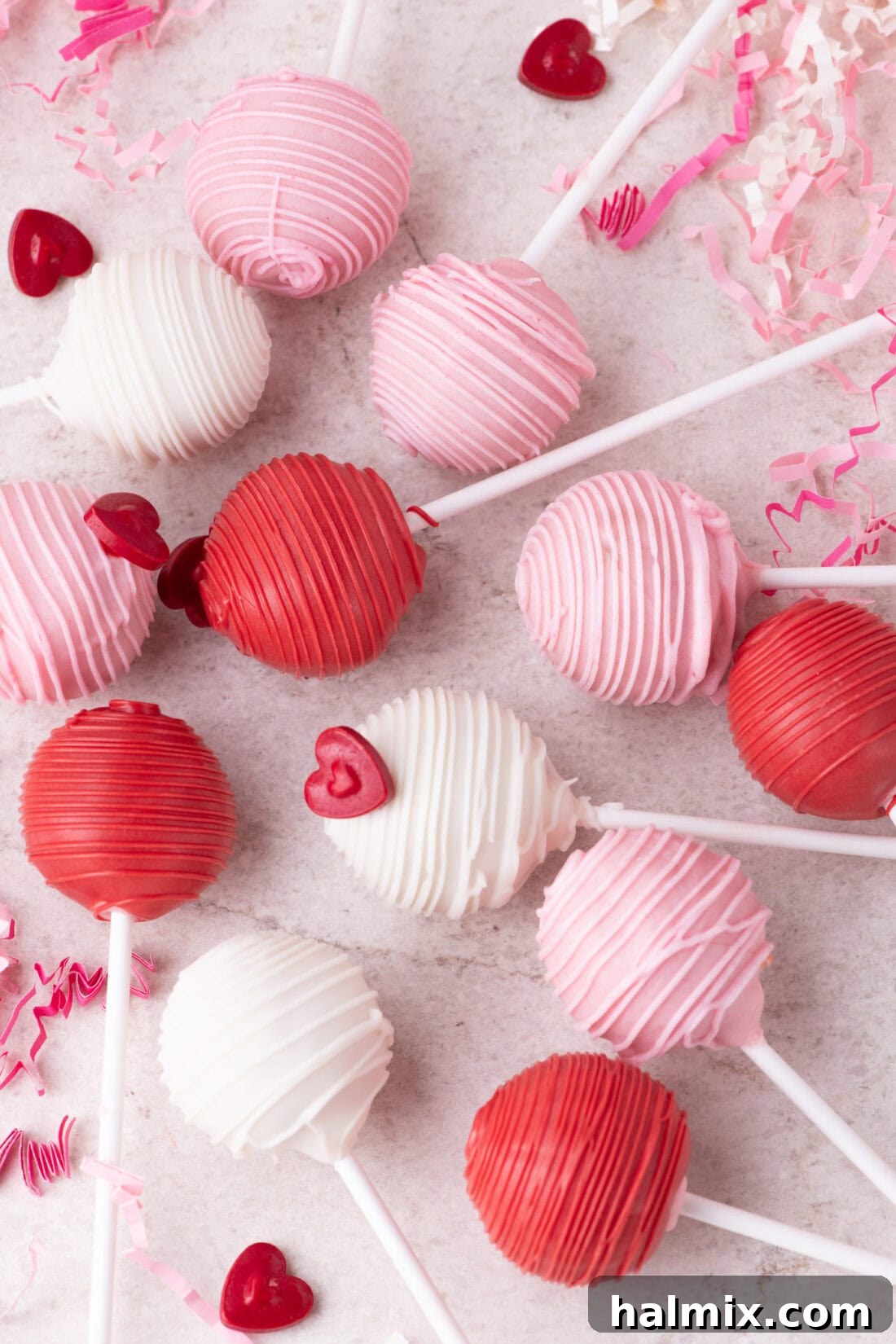 Valentine Cake Pops laying on a table
