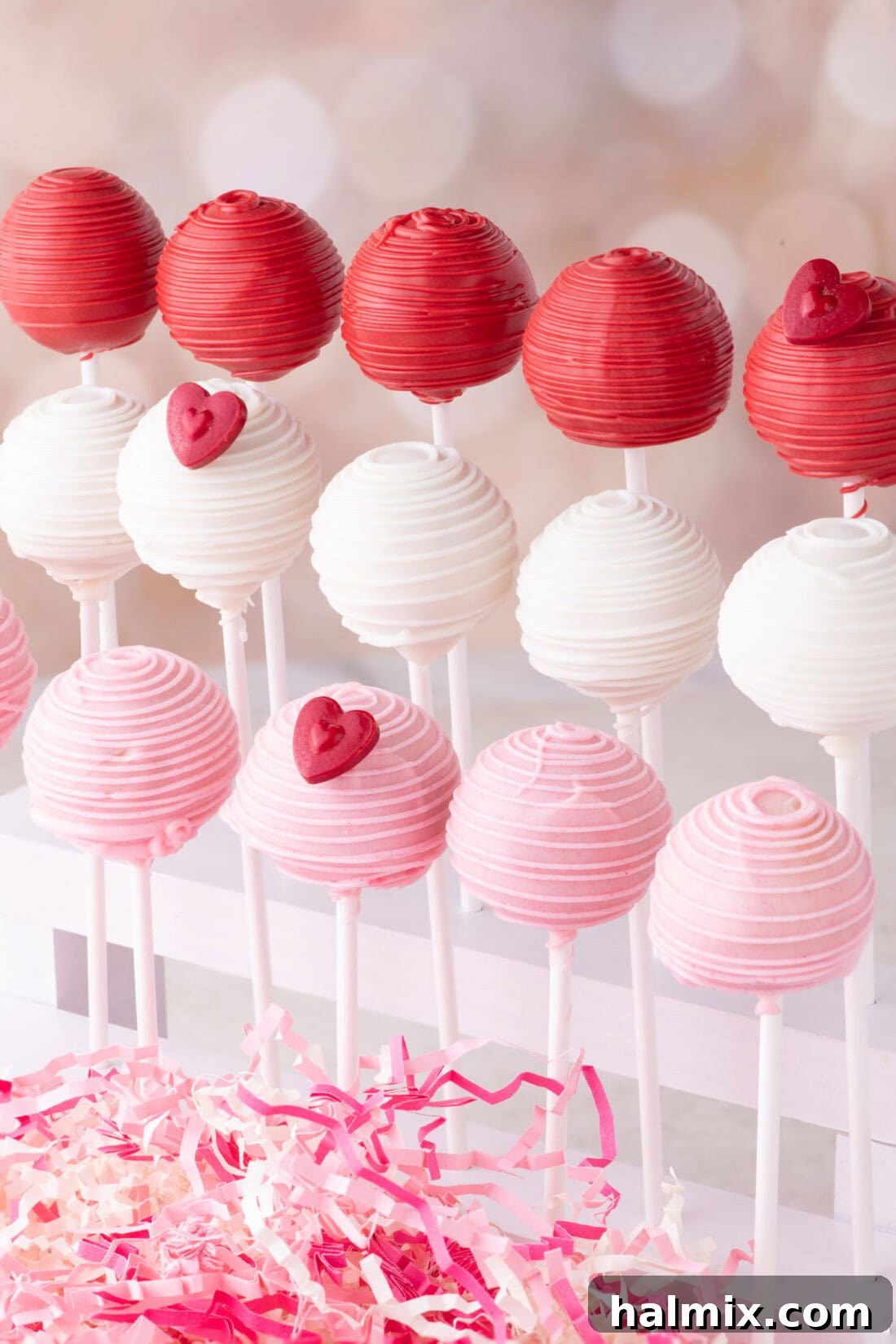Valentine Cake Pops on a cake pop stand