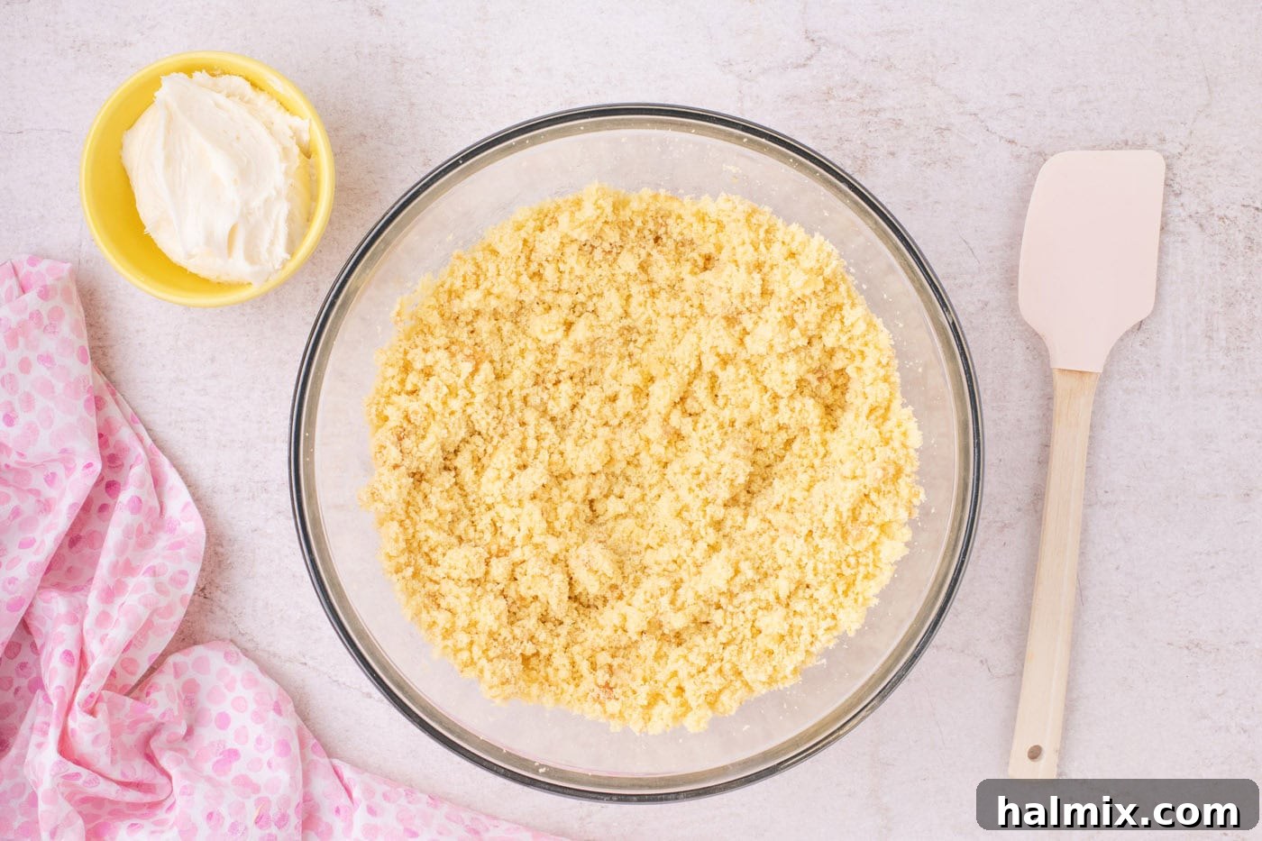 crumbled cake in a bowl