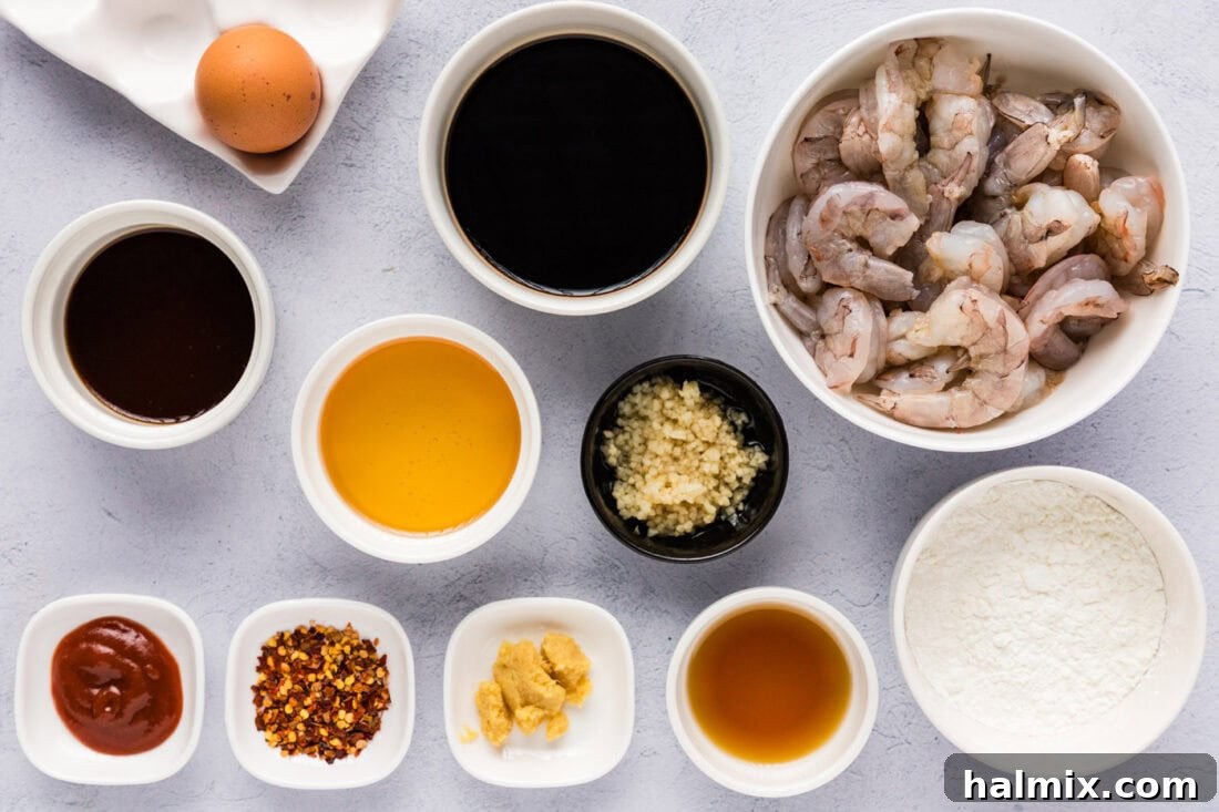 A flat lay photo showing all the ingredients for Mongolian Shrimp, neatly arranged.