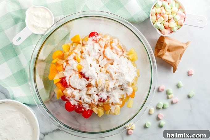 A bowl of colorful fruit salad lightly coated with dry pudding mix, illustrating the coating step in making Ambrosia Salad.
