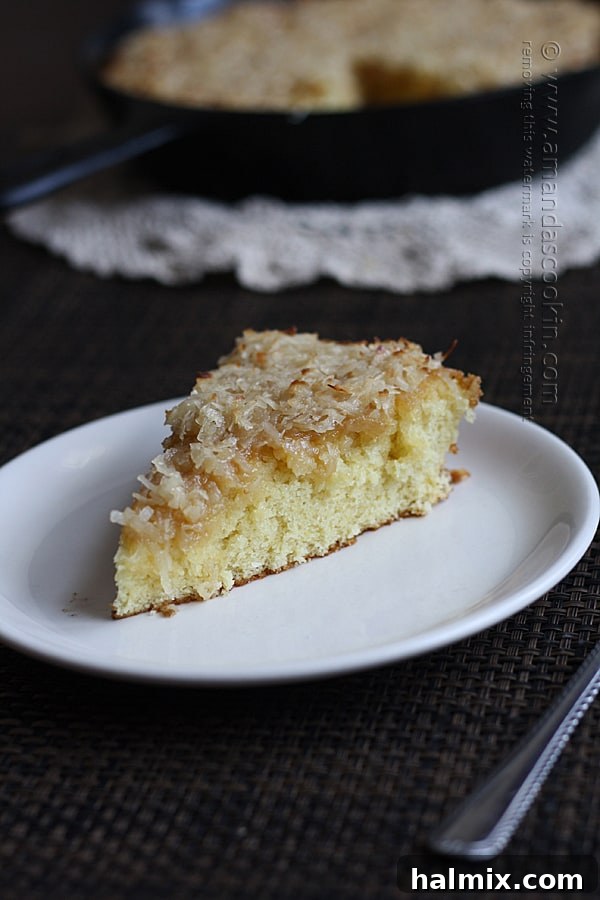 Easy Garden Cake 2 A slice of lazy daisy cake on a white plate, showcasing its golden-brown caramelized coconut topping.