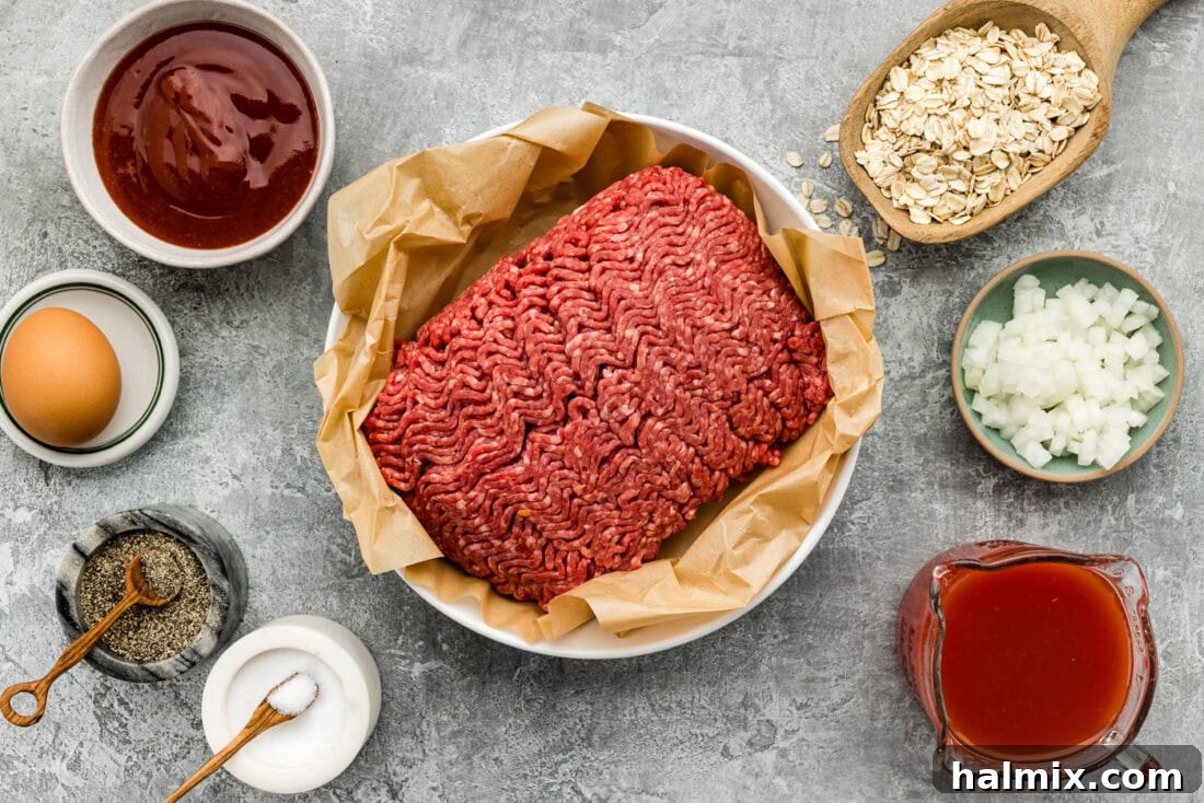A flat lay photograph showcasing all the fresh ingredients needed for Quaker Oats Meatloaf, neatly arranged.