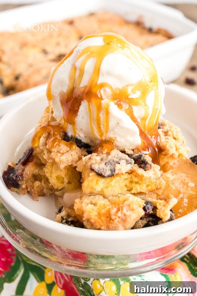 A warm bowl of homemade apple cranberry cobbler topped with a scoop of melting vanilla ice cream, ready to be enjoyed.