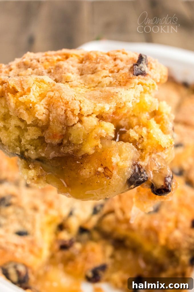 A close-up shot of a spoon scooping a portion of warm apple cranberry cobbler from a large baking pan, showing the rich fruit filling and golden topping.