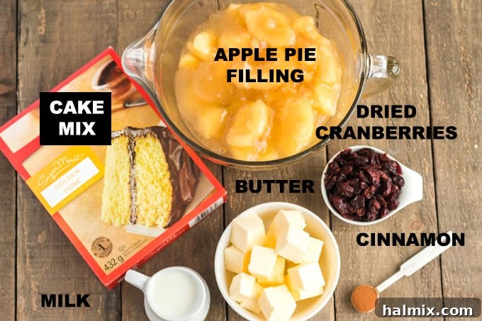 A neatly arranged display of all the key ingredients required for making apple cranberry cobbler: canned apple pie filling, yellow cake mix, softened butter, dried cranberries, cinnamon, and milk.