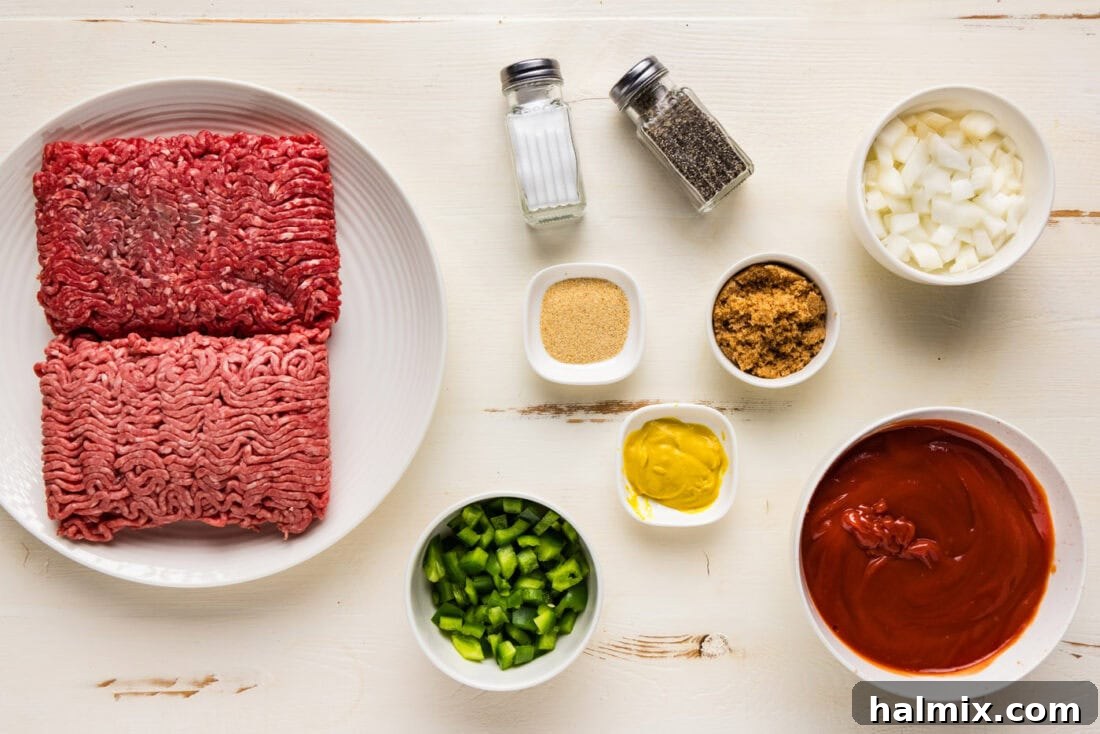 Ultimate Slow Cooker Sloppy Joes 4 A flat lay photograph of all the ingredients needed for Crockpot Sloppy Joes