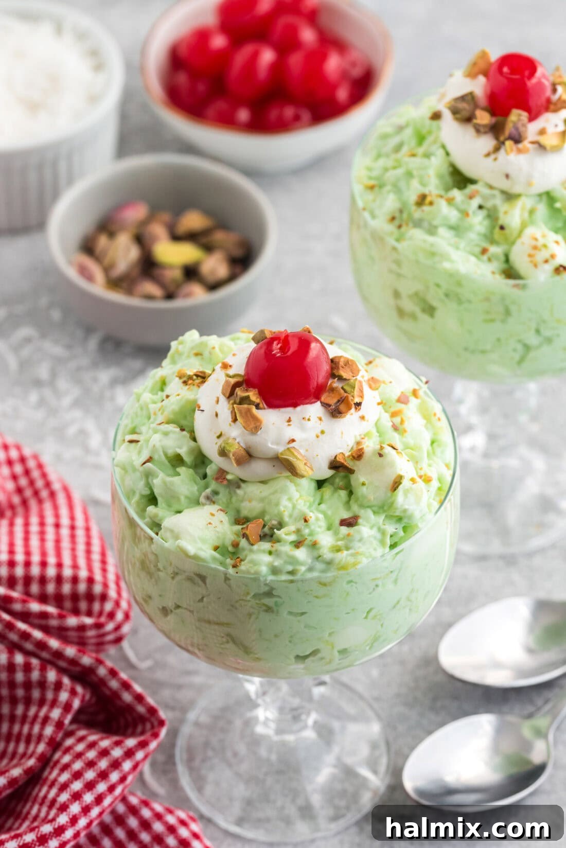 Emerald Cloud Dessert 2 Sundae bowl filled with Watergate Salad