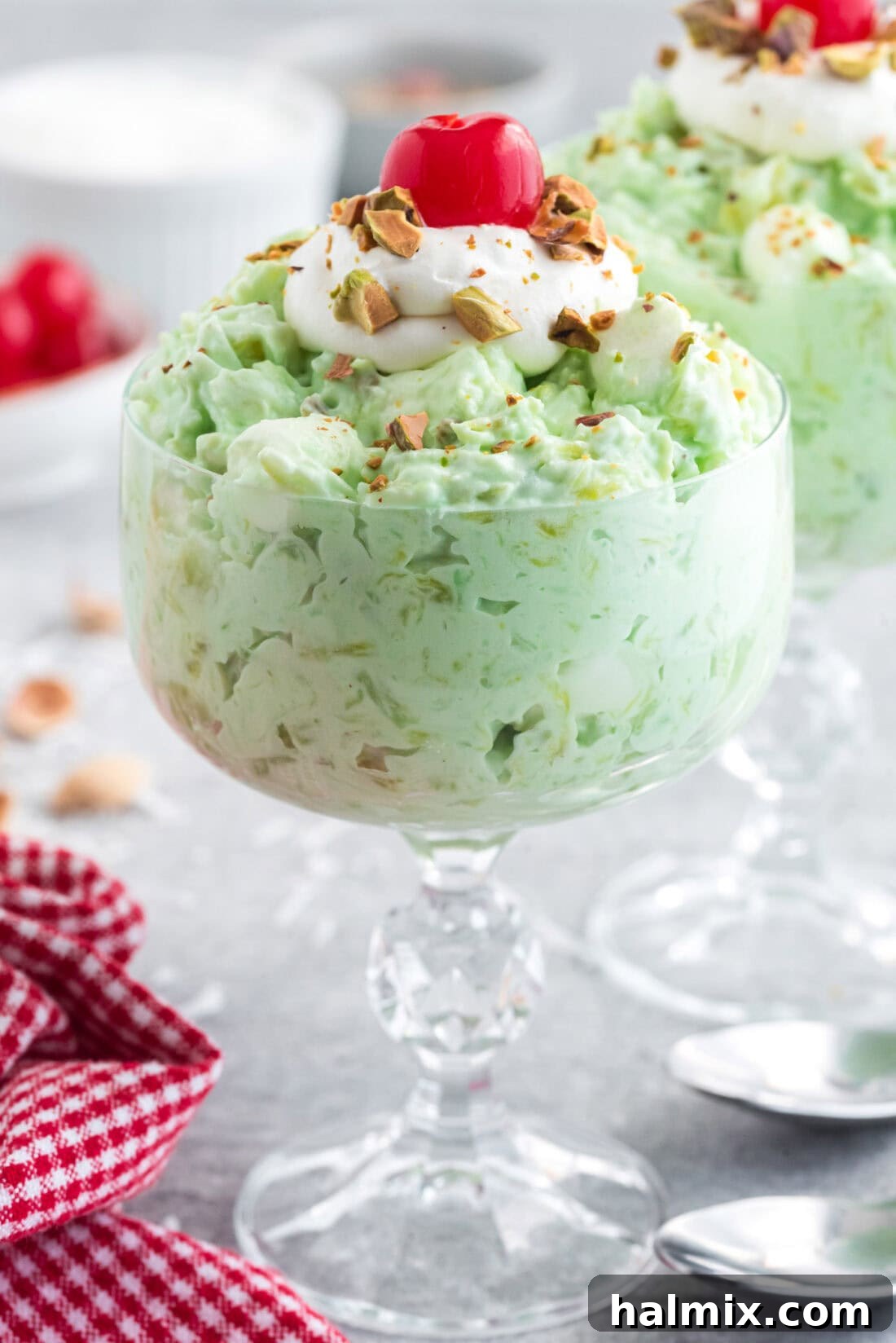 Emerald Cloud Dessert 9 Close up photo of Watergate Salad in a sundae bowl