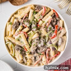 Close up photo of a bowl of Philly Cheesesteak Pasta