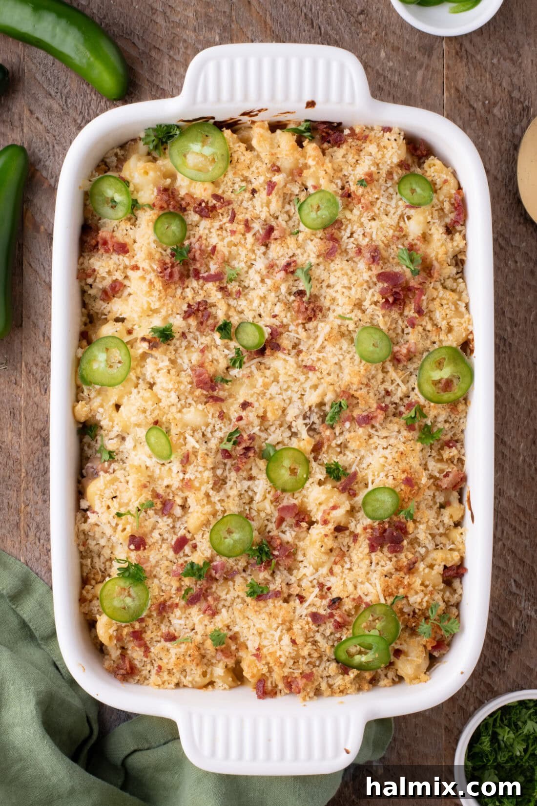Kicking Cheesy Jalapeño Mac 14 Baking dish of Jalapeno Popper Mac and Cheese