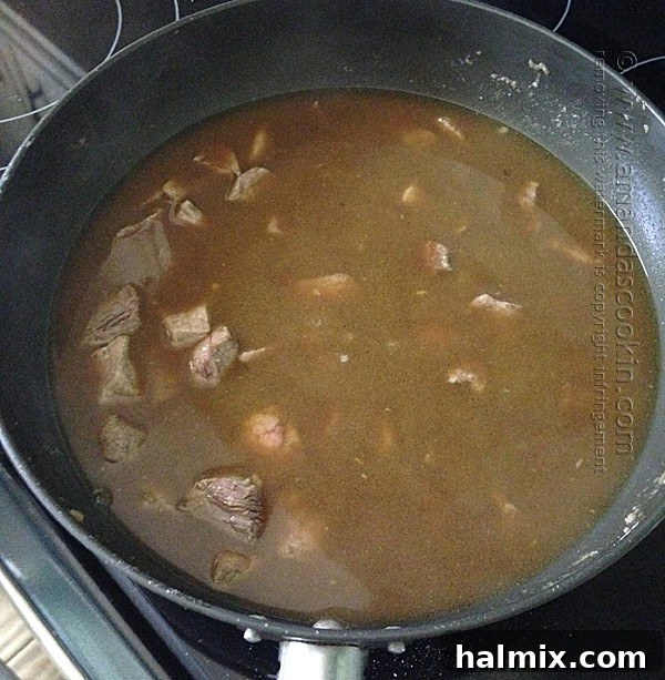 Beef stew simmering in a Dutch oven with coffee, broth, and water