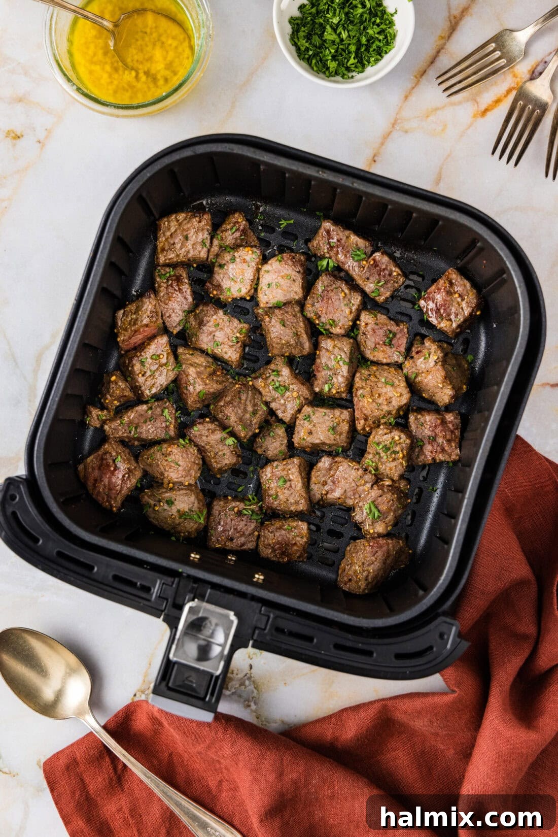 Air Fryer Steak Bites in an Air Fryer basket