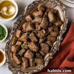 Close up photo of a platter of Air Fryer Steak Bites