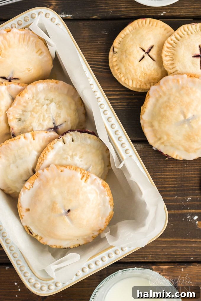 Making blueberry hand pies is fun and easy, and using a refrigerator pie crust dough cuts down on the work. Mini blueberry pies are delicious! A dish brimming with perfectly baked, golden-brown blueberry hand pies, ready to be enjoyed.