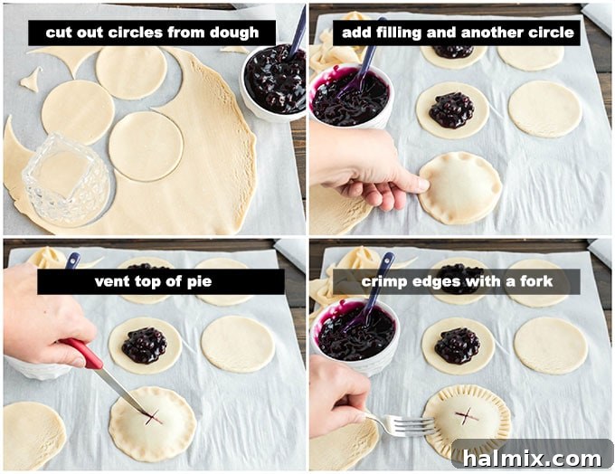 Sweet Blueberry Turnovers 3 A visual sequence of steps showing how to assemble mini pies: cutting dough, adding filling, sealing edges, and venting tops.