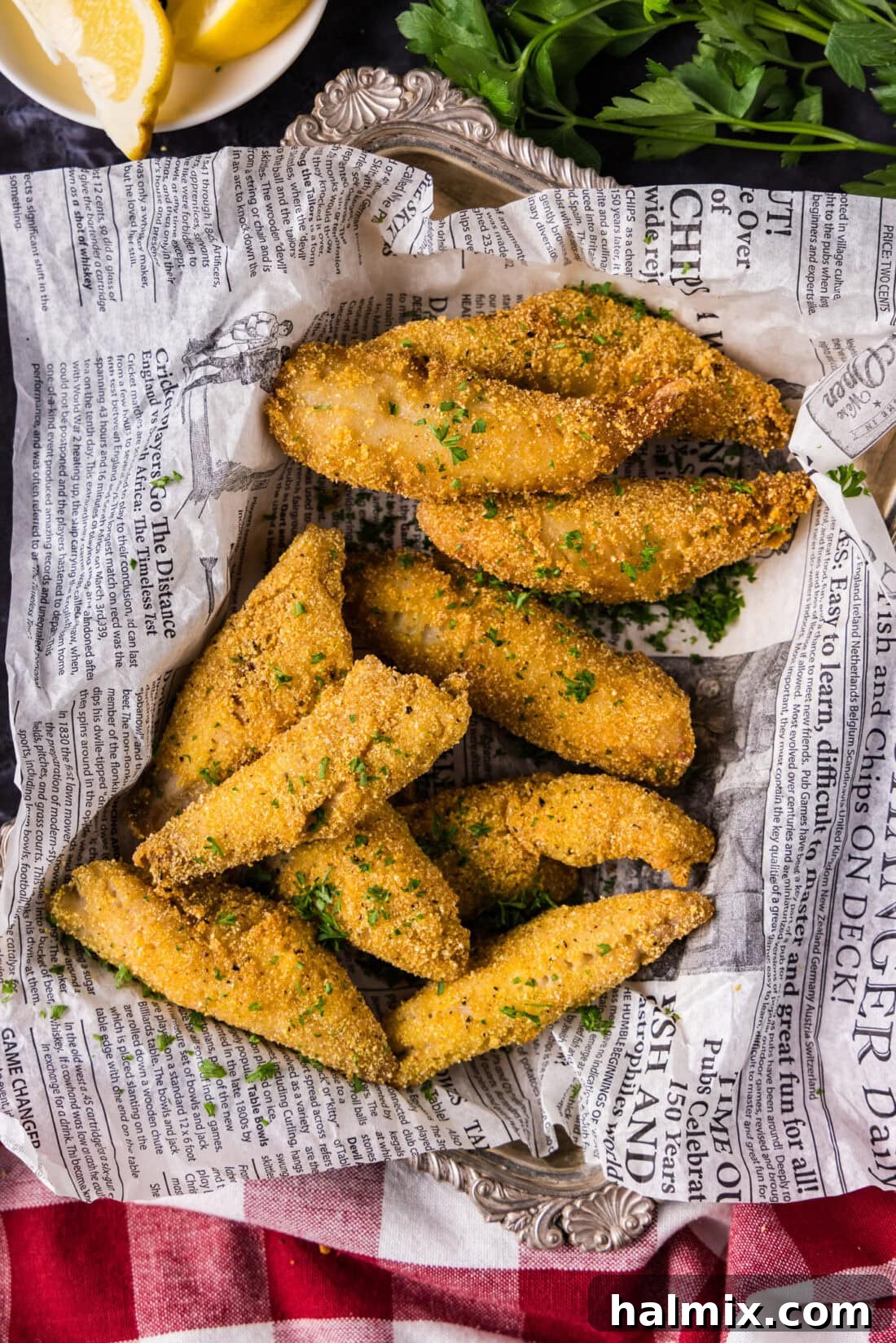 Fried Perch in a basket lined with parchment paper