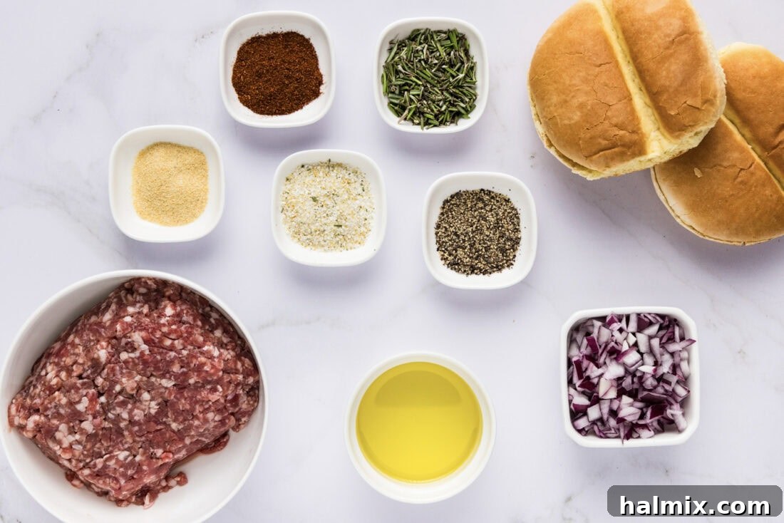 All the fresh ingredients laid out for making delicious lamb burgers
