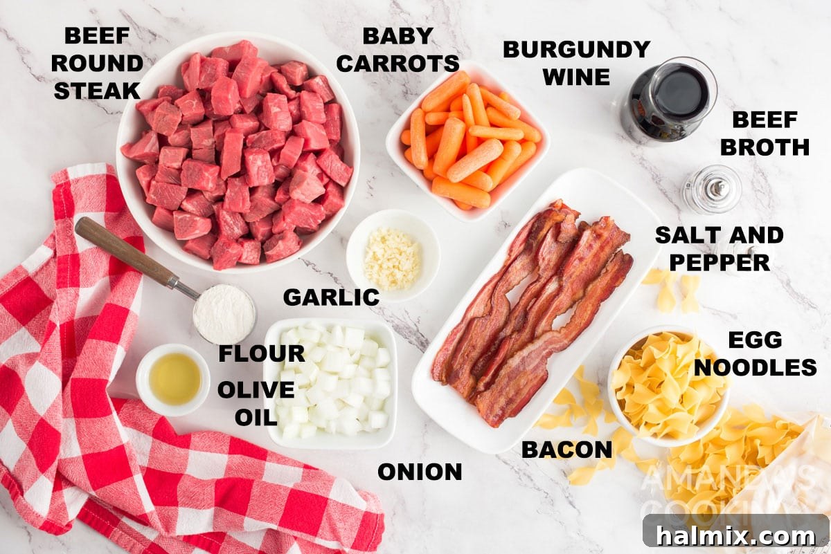 labeled ingredients for beef burgundy