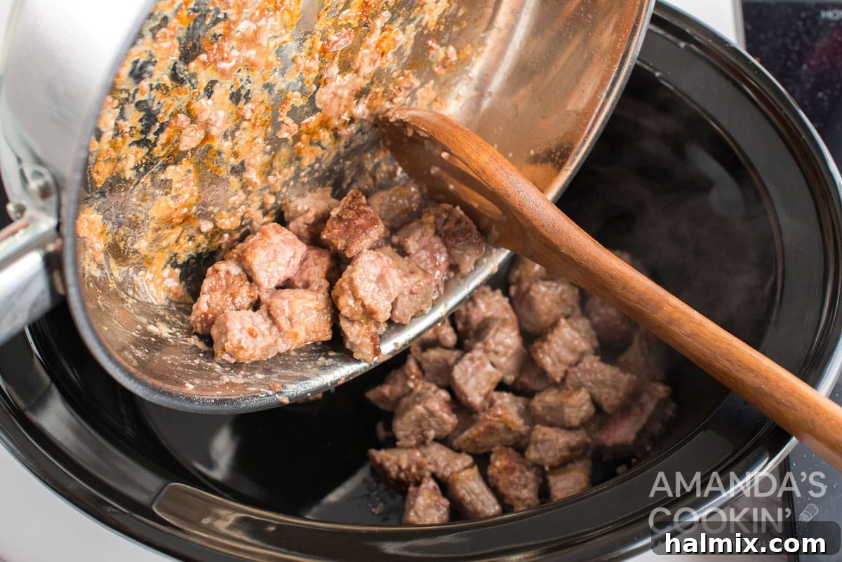 transferring beef from skillet to the crockpot